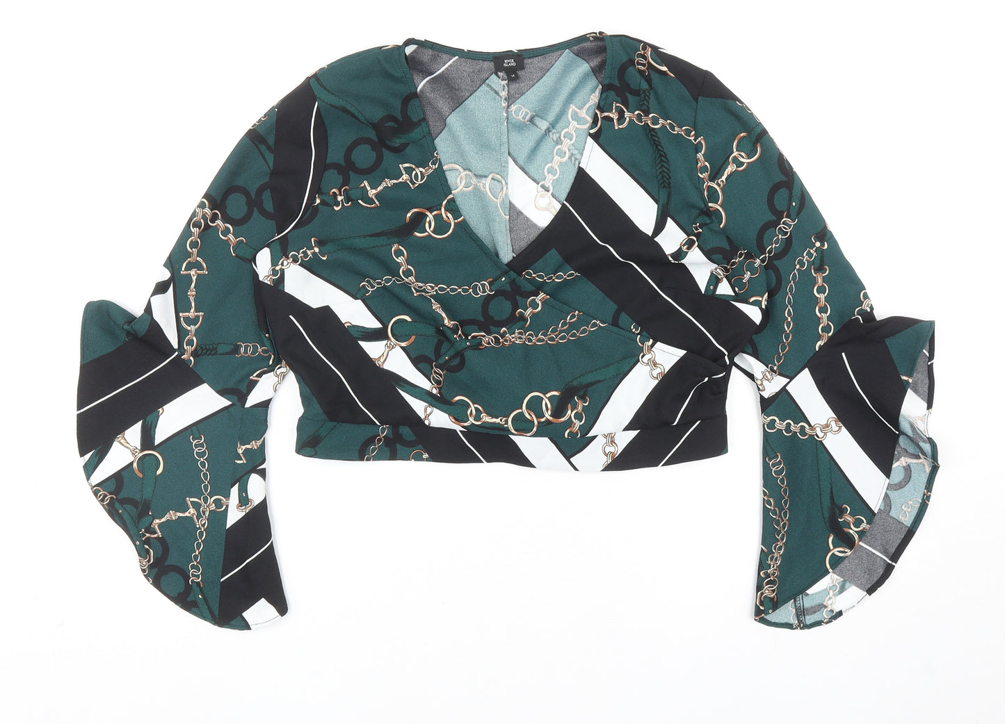 River Island Womens Green Geometric Polyester Cropped Blouse Size 14 V-Neck - Chain Print Bell Sleeve