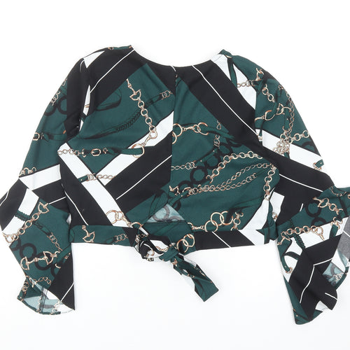 River Island Womens Green Geometric Polyester Cropped Blouse Size 14 V-Neck - Chain Print Bell Sleeve