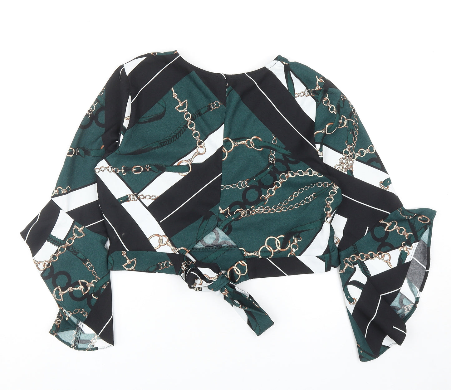 River Island Womens Green Geometric Polyester Cropped Blouse Size 14 V-Neck - Chain Print Bell Sleeve