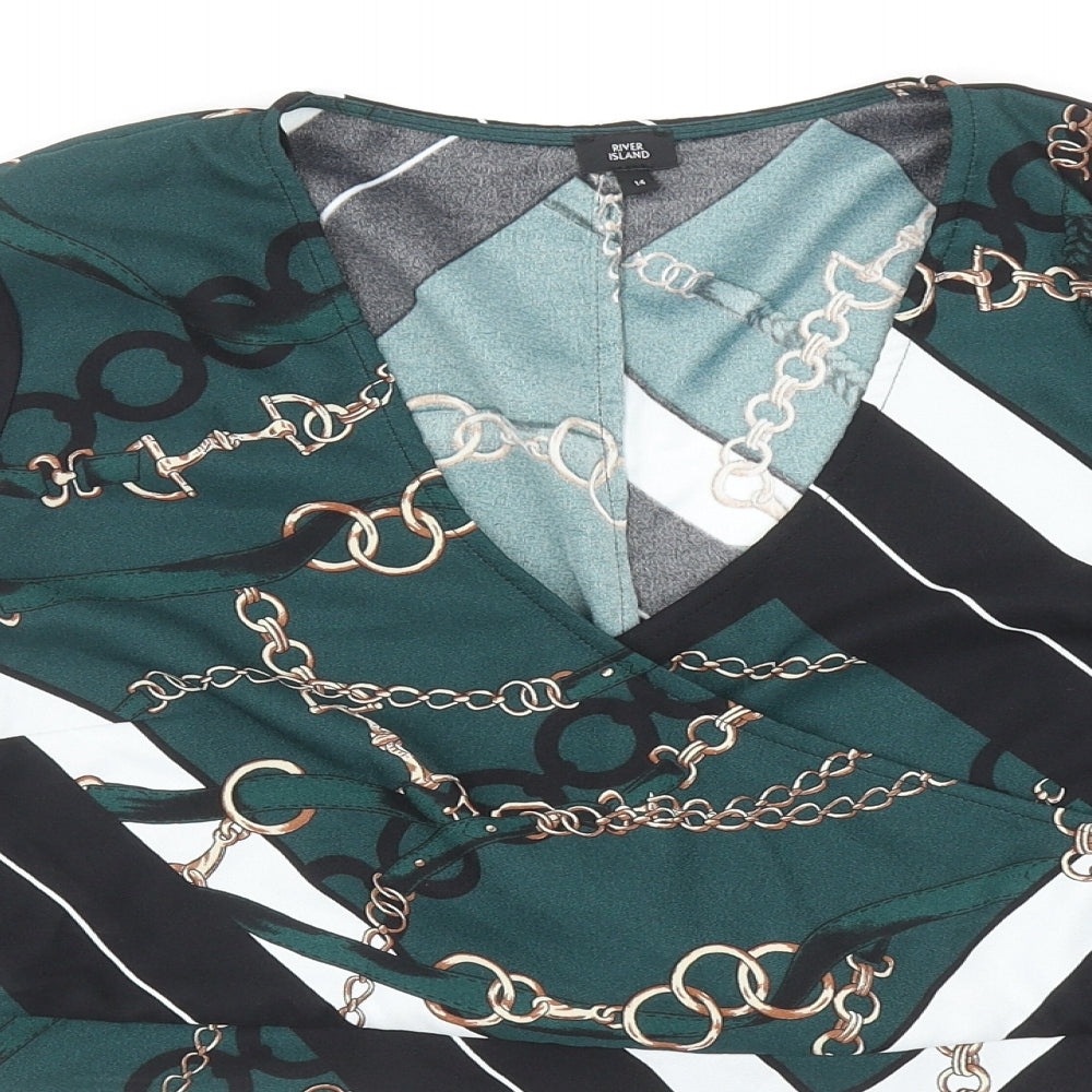 River Island Womens Green Geometric Polyester Cropped Blouse Size 14 V-Neck - Chain Print Bell Sleeve