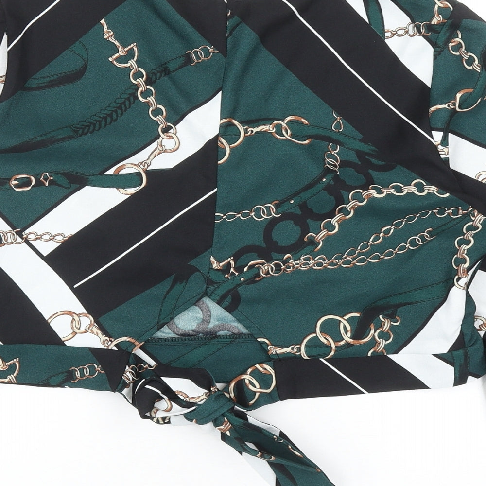 River Island Womens Green Geometric Polyester Cropped Blouse Size 14 V-Neck - Chain Print Bell Sleeve