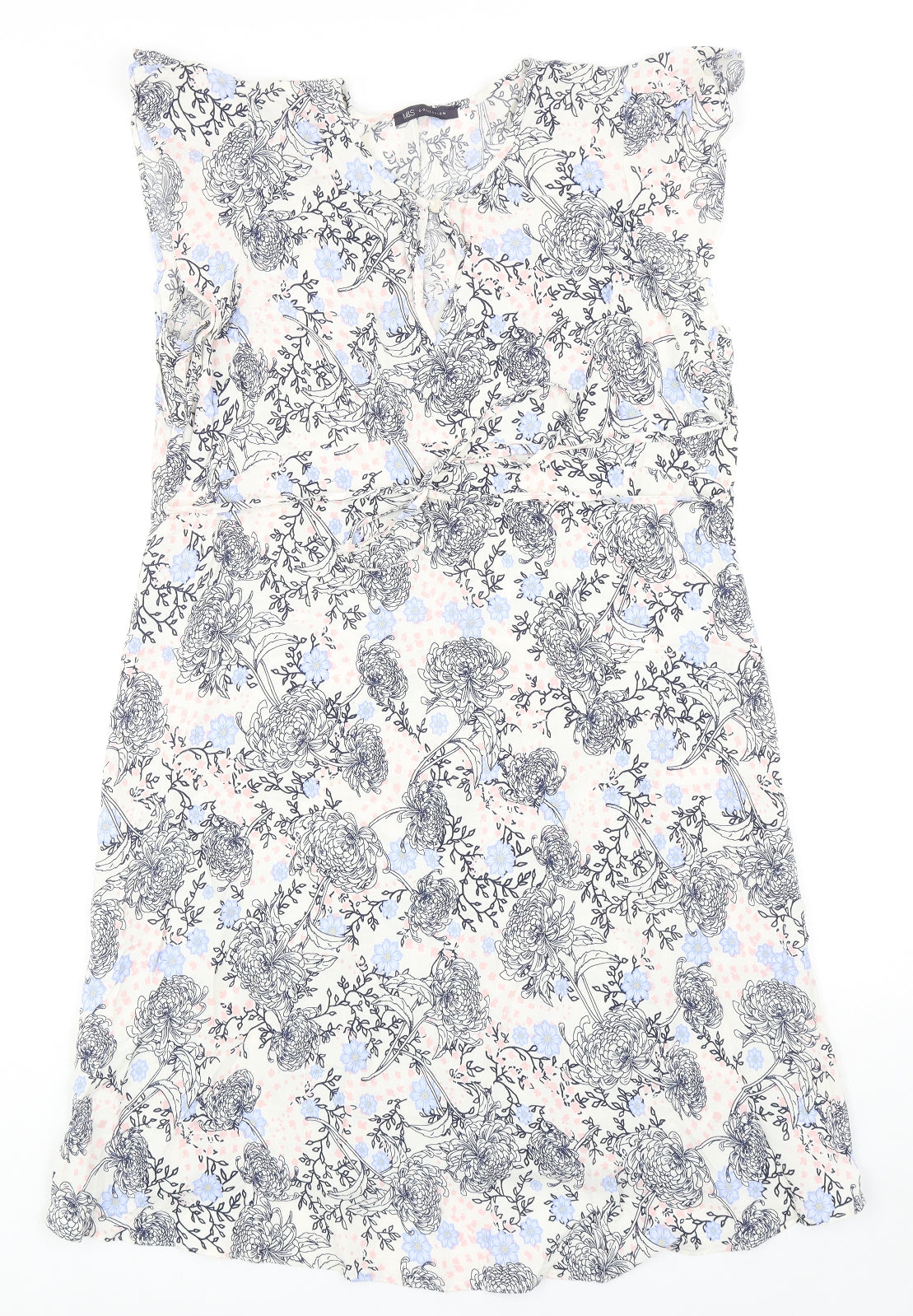 Marks and Spencer Womens Blue Floral Viscose A-Line Size 18 Round Neck Button