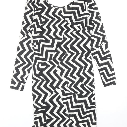 H&M Womens Black Geometric Polyester Shift Size S Scoop Neck Pullover