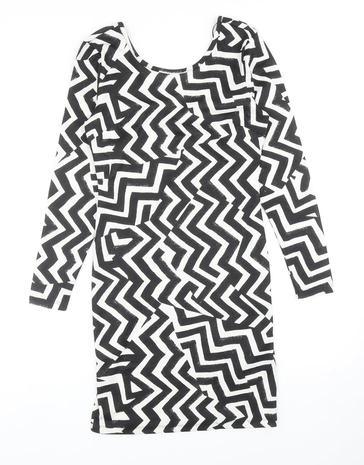 H&M Womens Black Geometric Polyester Shift Size S Scoop Neck Pullover