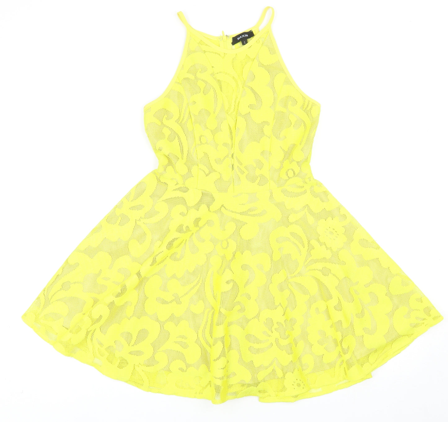 Maxim Womens Yellow Cotton Skater Dress Size S Round Neck Zip