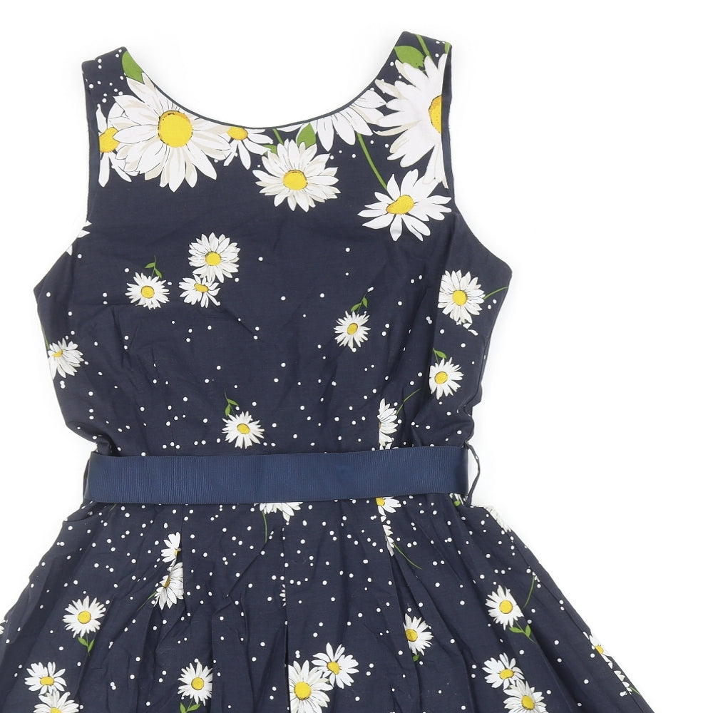 Red Herring Womens Blue Floral Cotton Skater Dress Size 10 Boat Neck Zip