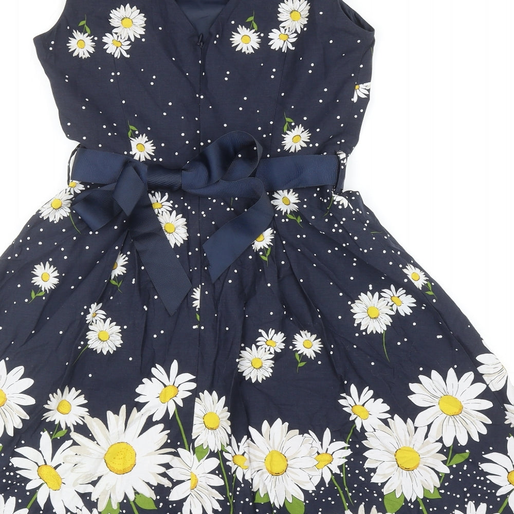 Red Herring Womens Blue Floral Cotton Skater Dress Size 10 Boat Neck Zip