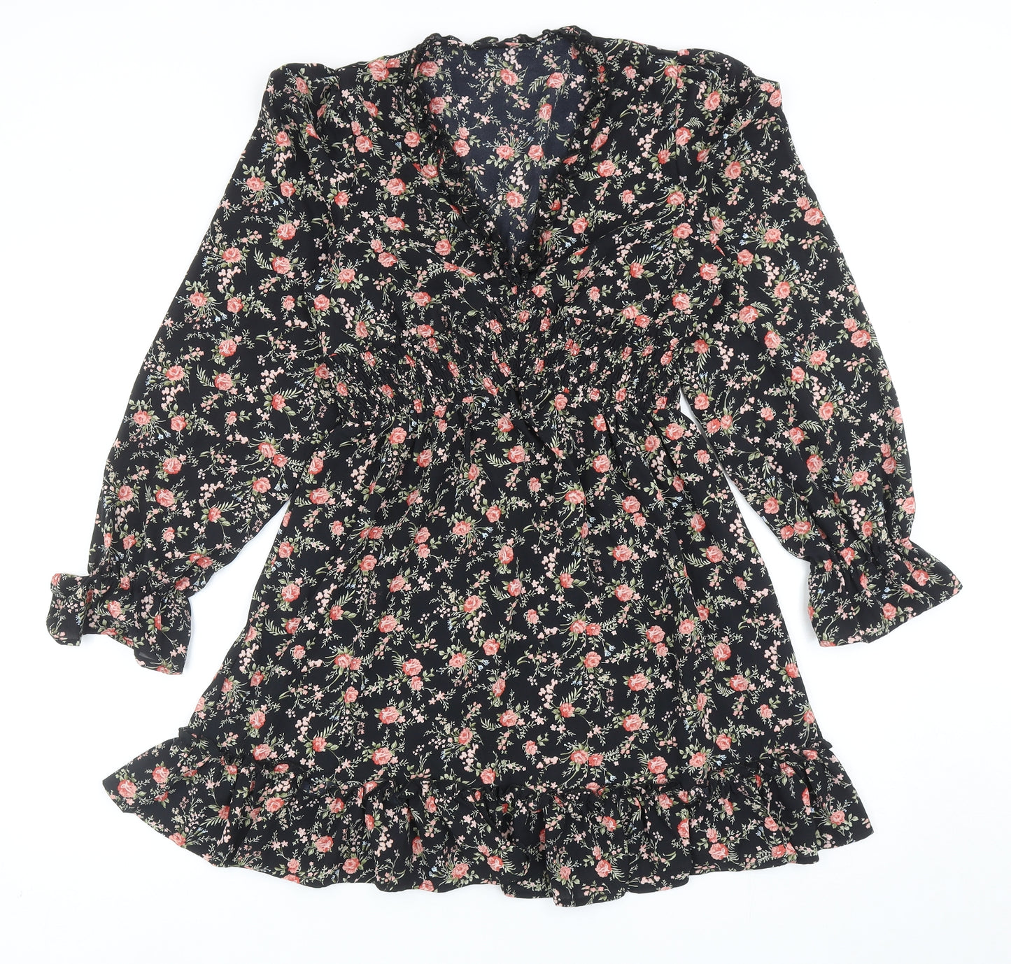 SheIn Womens Black Floral Polyester Skater Dress Size S V-Neck Pullover