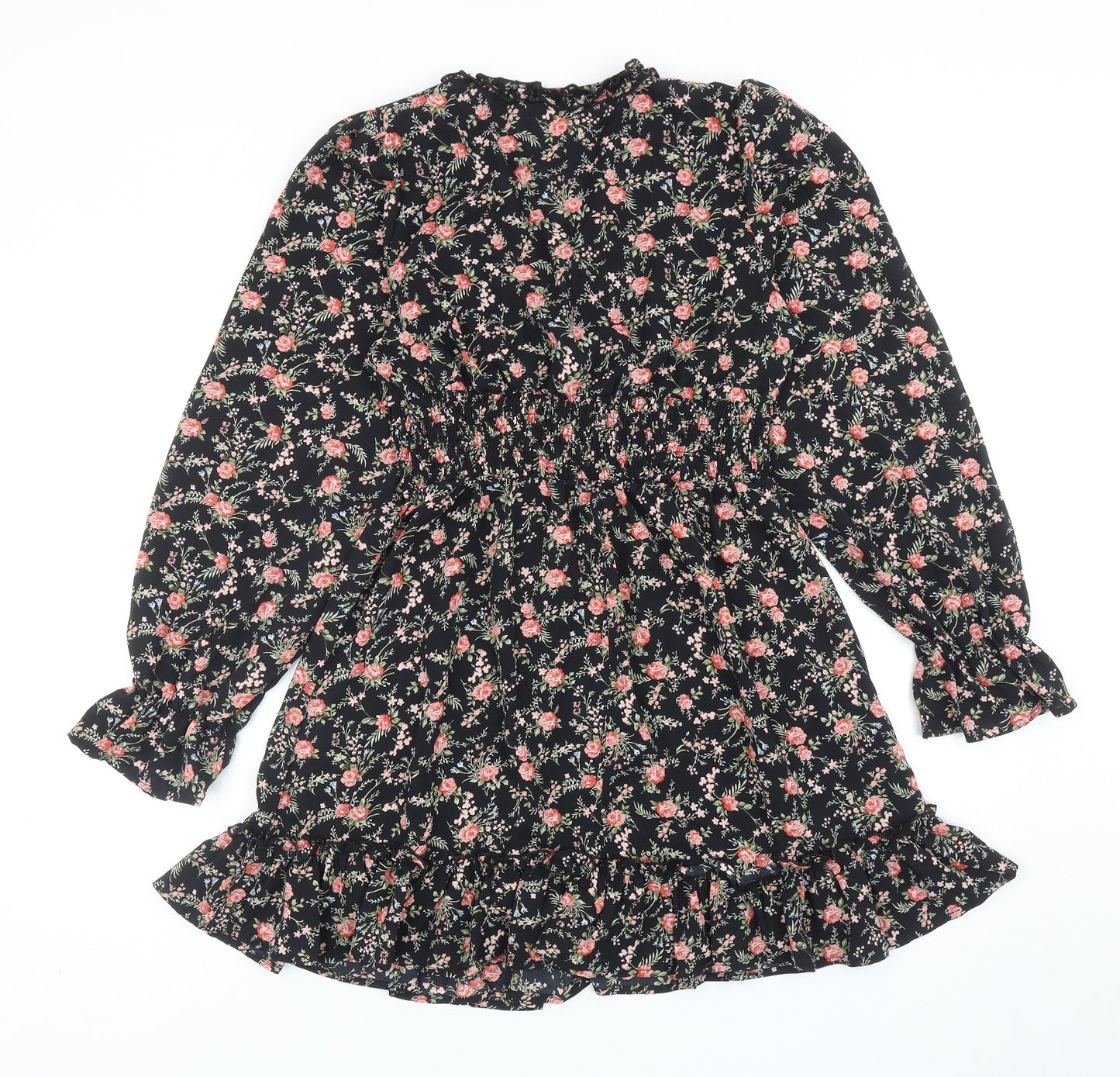 SheIn Womens Black Floral Polyester Skater Dress Size S V-Neck Pullover