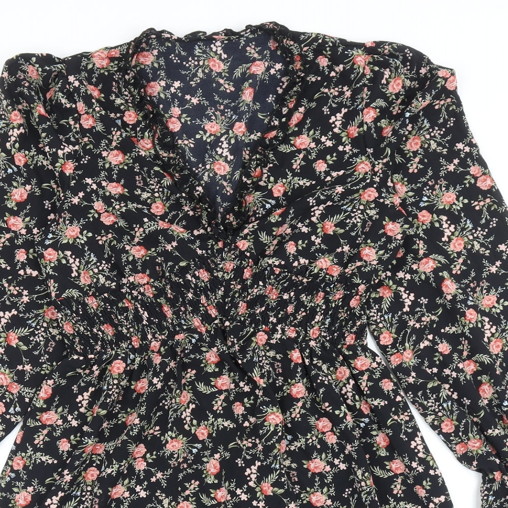 SheIn Womens Black Floral Polyester Skater Dress Size S V-Neck Pullover