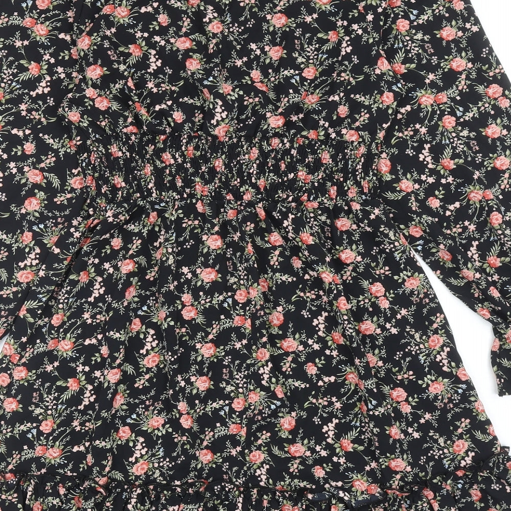 SheIn Womens Black Floral Polyester Skater Dress Size S V-Neck Pullover