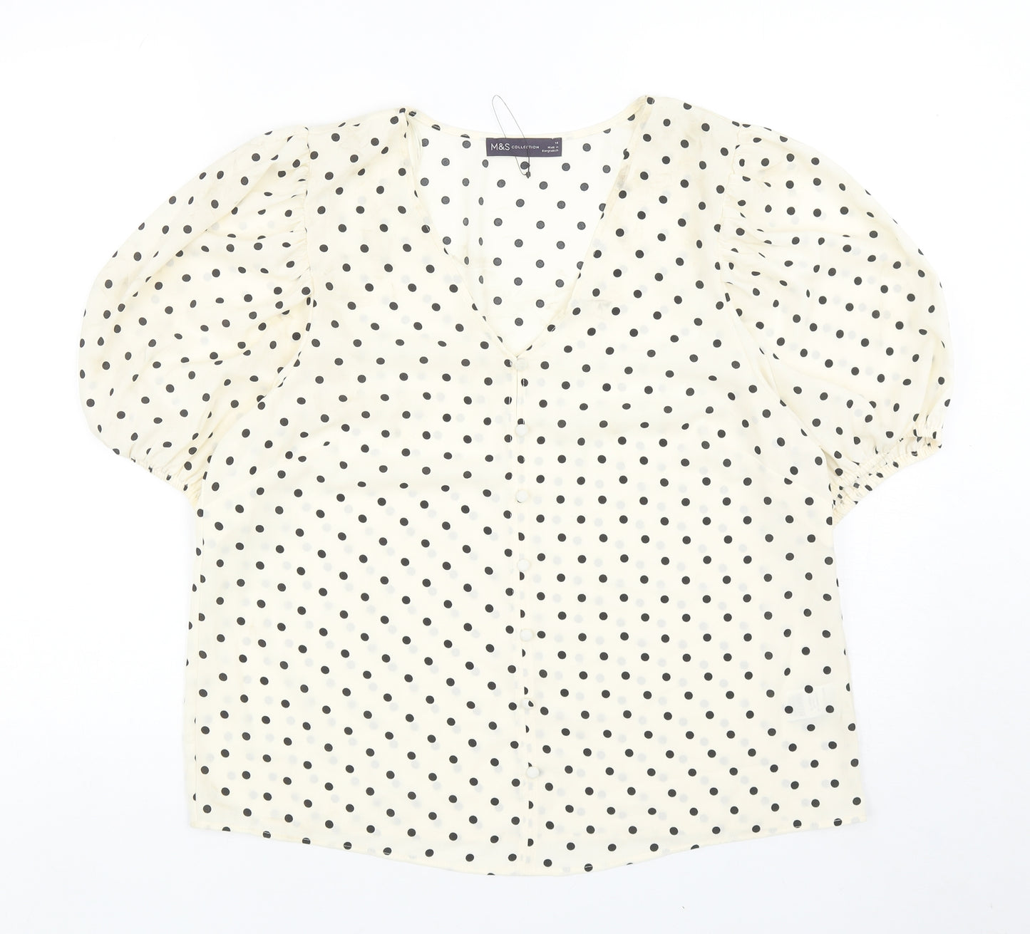 Marks and Spencer Womens Ivory Polka Dot Polyester Basic Blouse Size 14 V-Neck