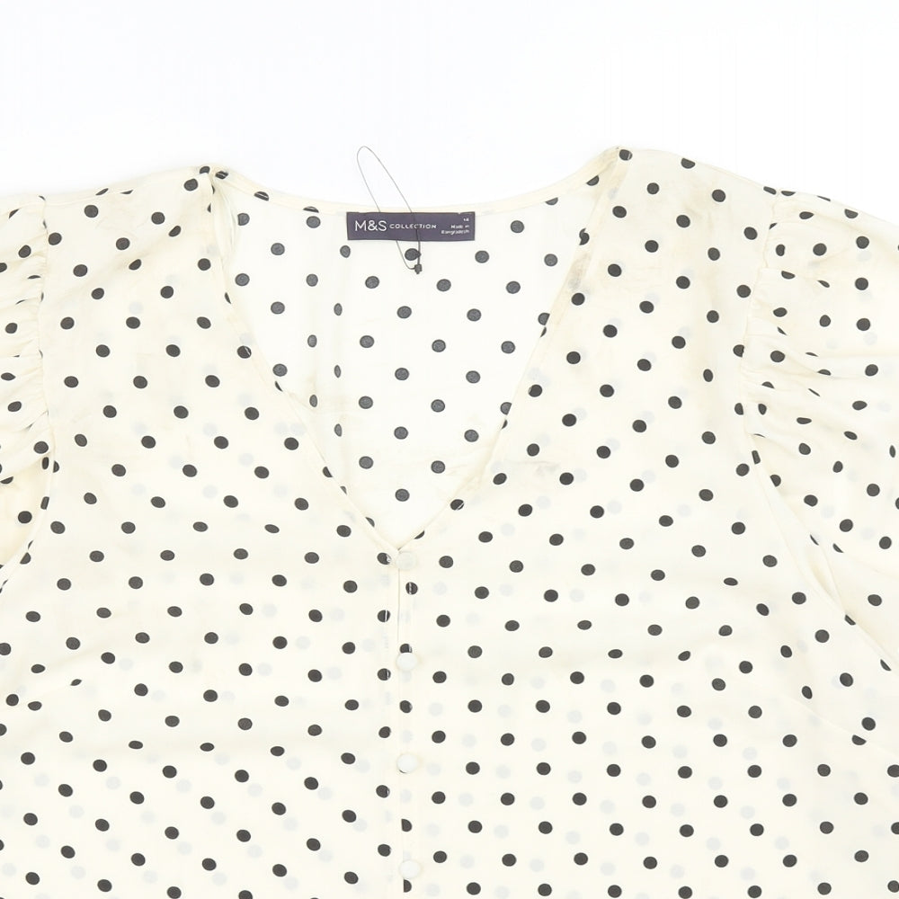 Marks and Spencer Womens Ivory Polka Dot Polyester Basic Blouse Size 14 V-Neck