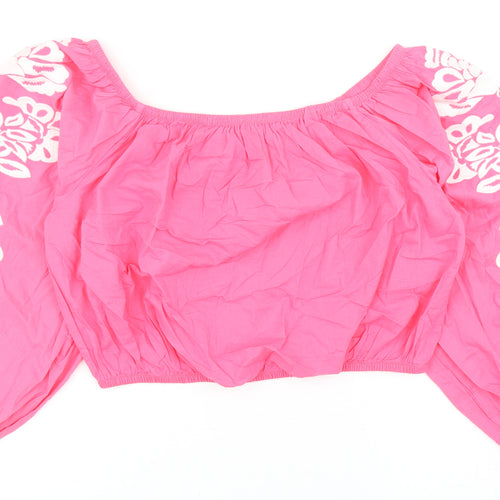 Marks and Spencer Womens Pink Cotton Cropped Blouse Size 14 Boat Neck - Flower Detail