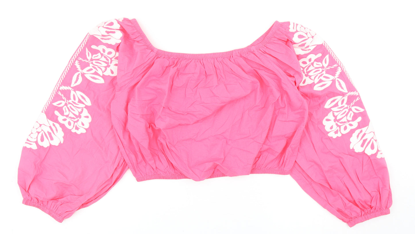 Marks and Spencer Womens Pink Cotton Cropped Blouse Size 14 Boat Neck - Flower Detail