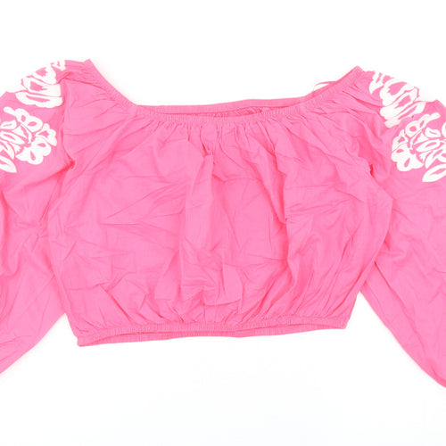 Marks and Spencer Womens Pink Cotton Cropped Blouse Size 14 Boat Neck - Flower Detail