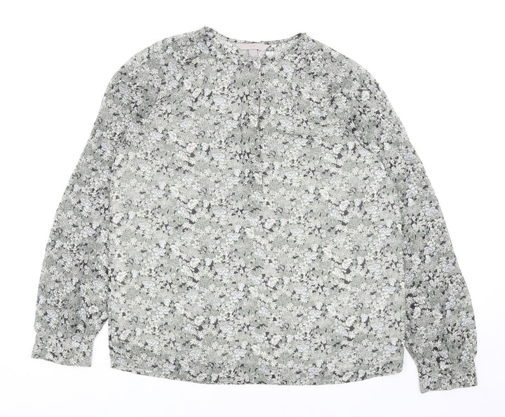 H&M Womens Green Floral Polyester Basic Blouse Size S Round Neck