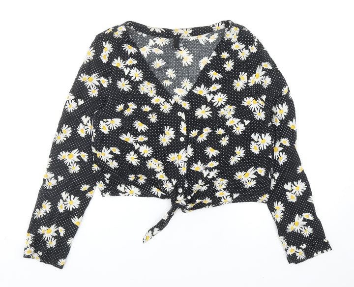H&M Womens Black Floral Viscose Cropped Button-Up Size 10 V-Neck - Knot Front
