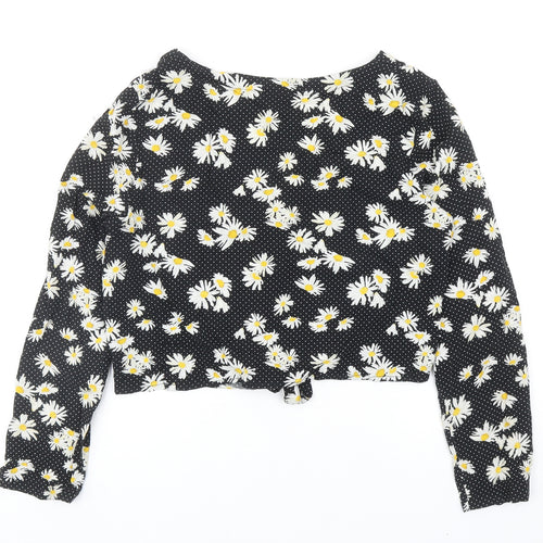 H&M Womens Black Floral Viscose Cropped Button-Up Size 10 V-Neck - Knot Front
