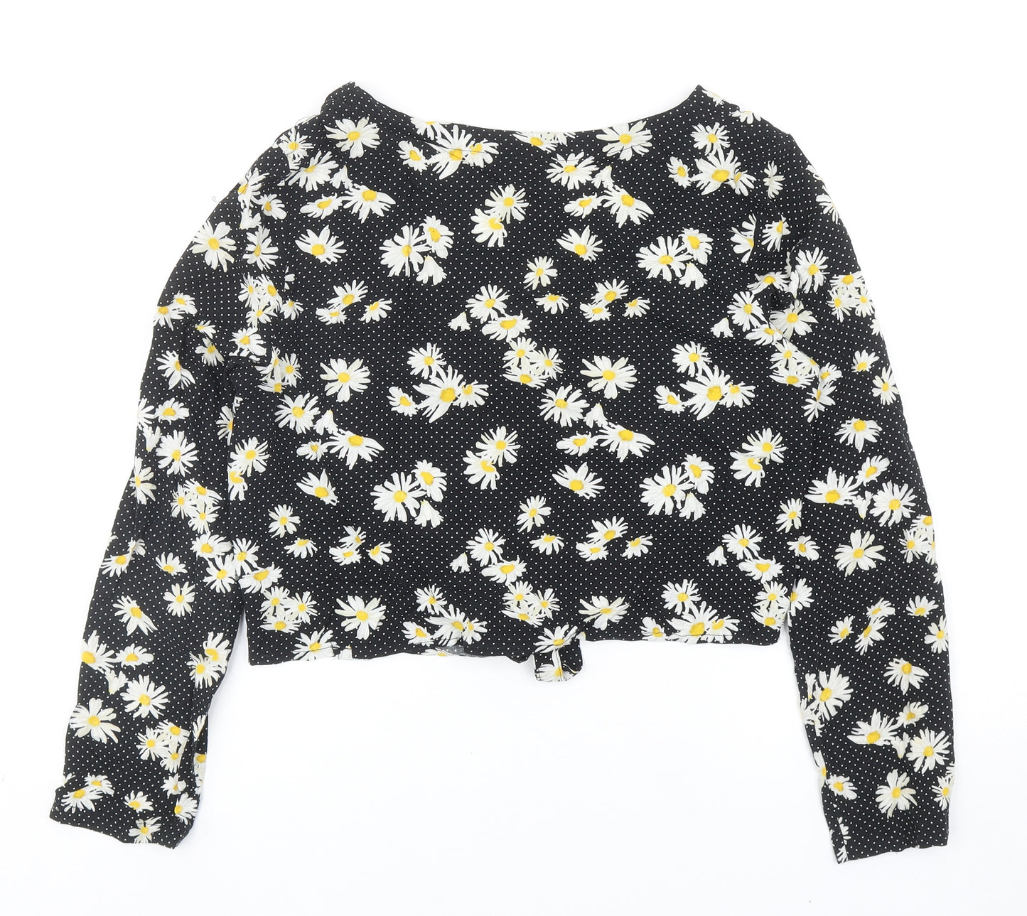 H&M Womens Black Floral Viscose Cropped Button-Up Size 10 V-Neck - Knot Front