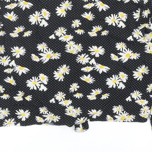 H&M Womens Black Floral Viscose Cropped Button-Up Size 10 V-Neck - Knot Front