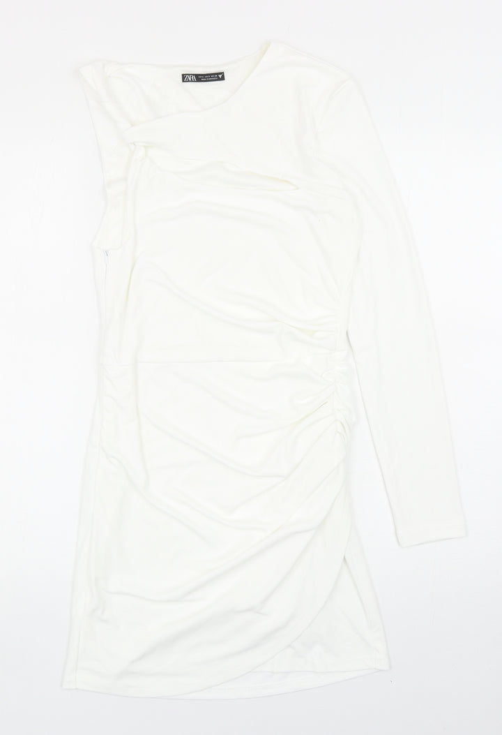 Zara Womens White Polyester Bodycon Size S One Shoulder Zip