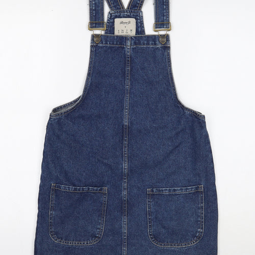 Denim & Co. Womens Blue Cotton Pinafore/Dungaree Dress Size 6 Square Neck Button