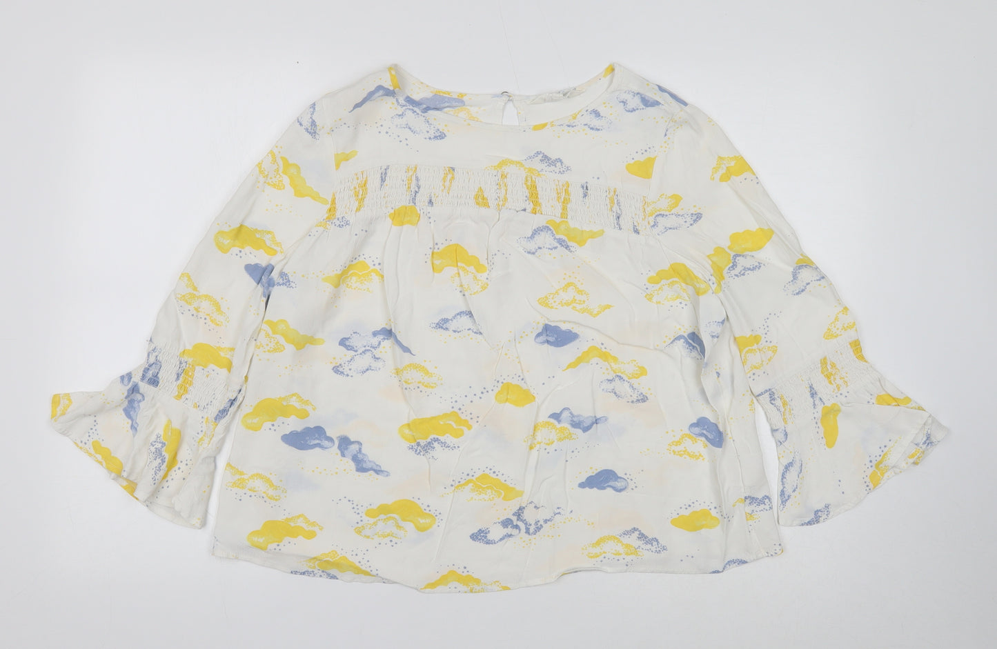 Savannah Miller Womens White Geometric Viscose Basic Blouse Size 14 Boat Neck - Cloud Print, Flute Sleeve