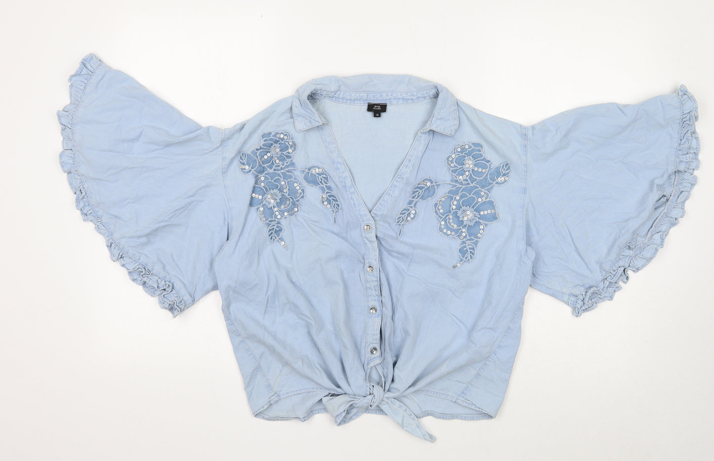 River Island Womens Blue Cotton Cropped Blouse Size 16 Collared - Tie Front Angle Sleeve