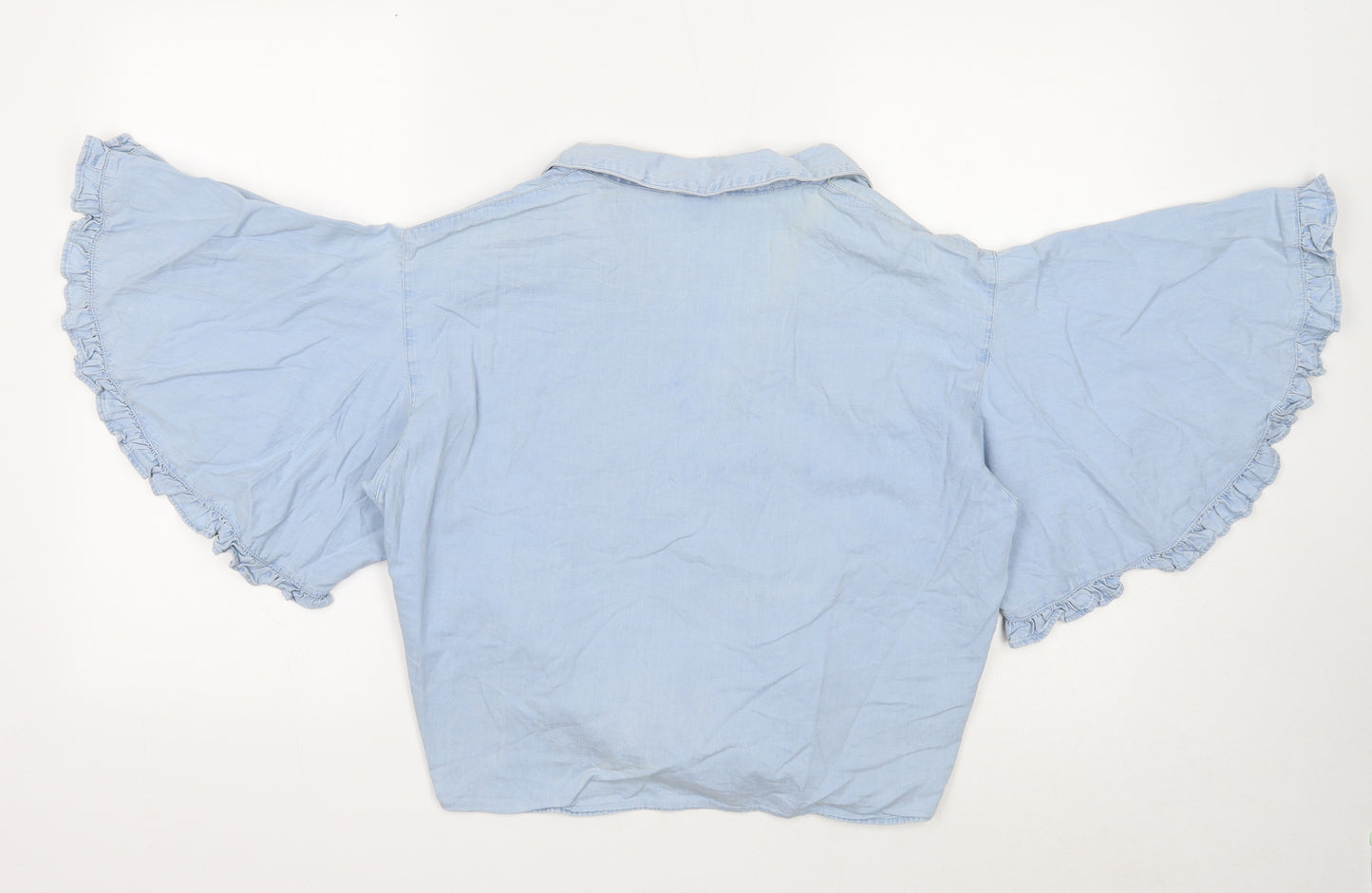 River Island Womens Blue Cotton Cropped Blouse Size 16 Collared - Tie Front Angle Sleeve