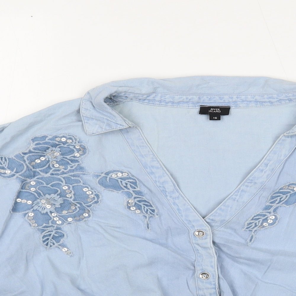 River Island Womens Blue Cotton Cropped Blouse Size 16 Collared - Tie Front Angle Sleeve