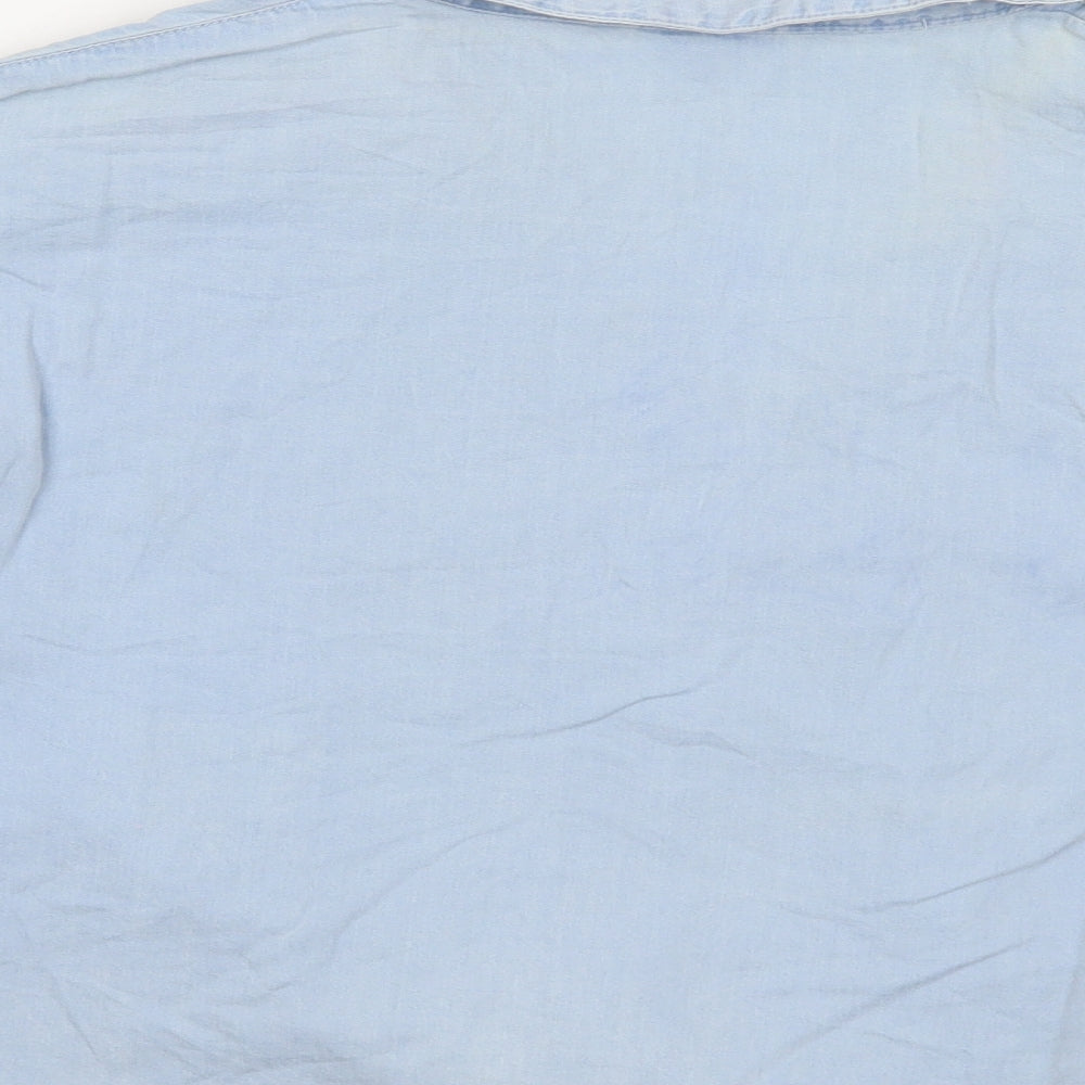 River Island Womens Blue Cotton Cropped Blouse Size 16 Collared - Tie Front Angle Sleeve