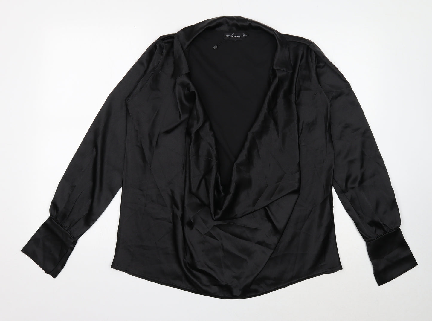PRETTYLITTLETHING Womens Black Polyester Basic Blouse Size 8 Collared - Plunging Cowl