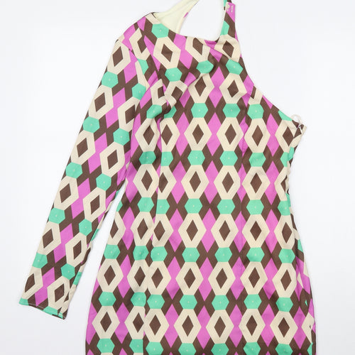 Zara Womens Multicoloured Geometric Polyester A-Line Size M One Shoulder Button
