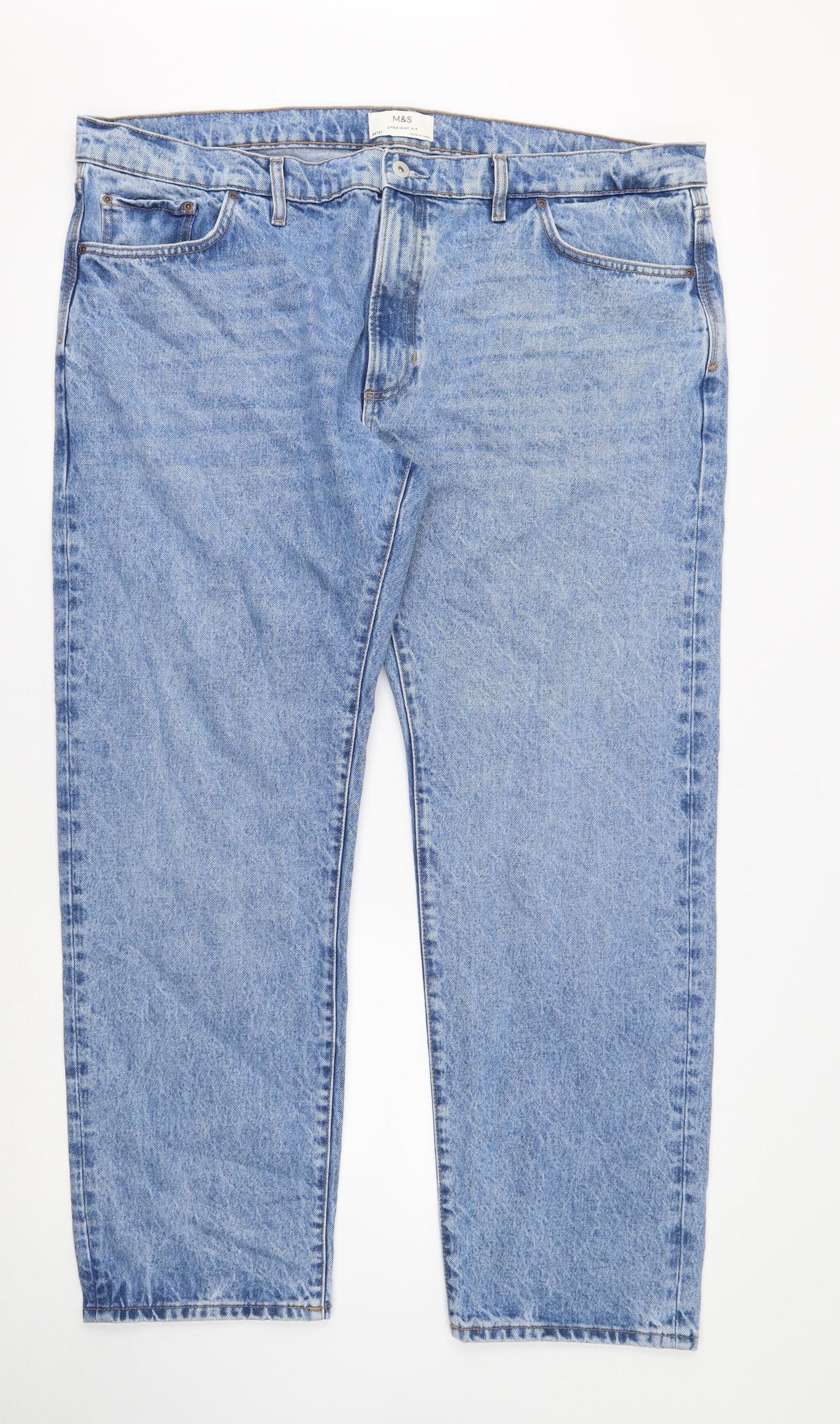 Marks and Spencer Mens Blue Cotton Straight Jeans Size 42 in L31 in Regular Button