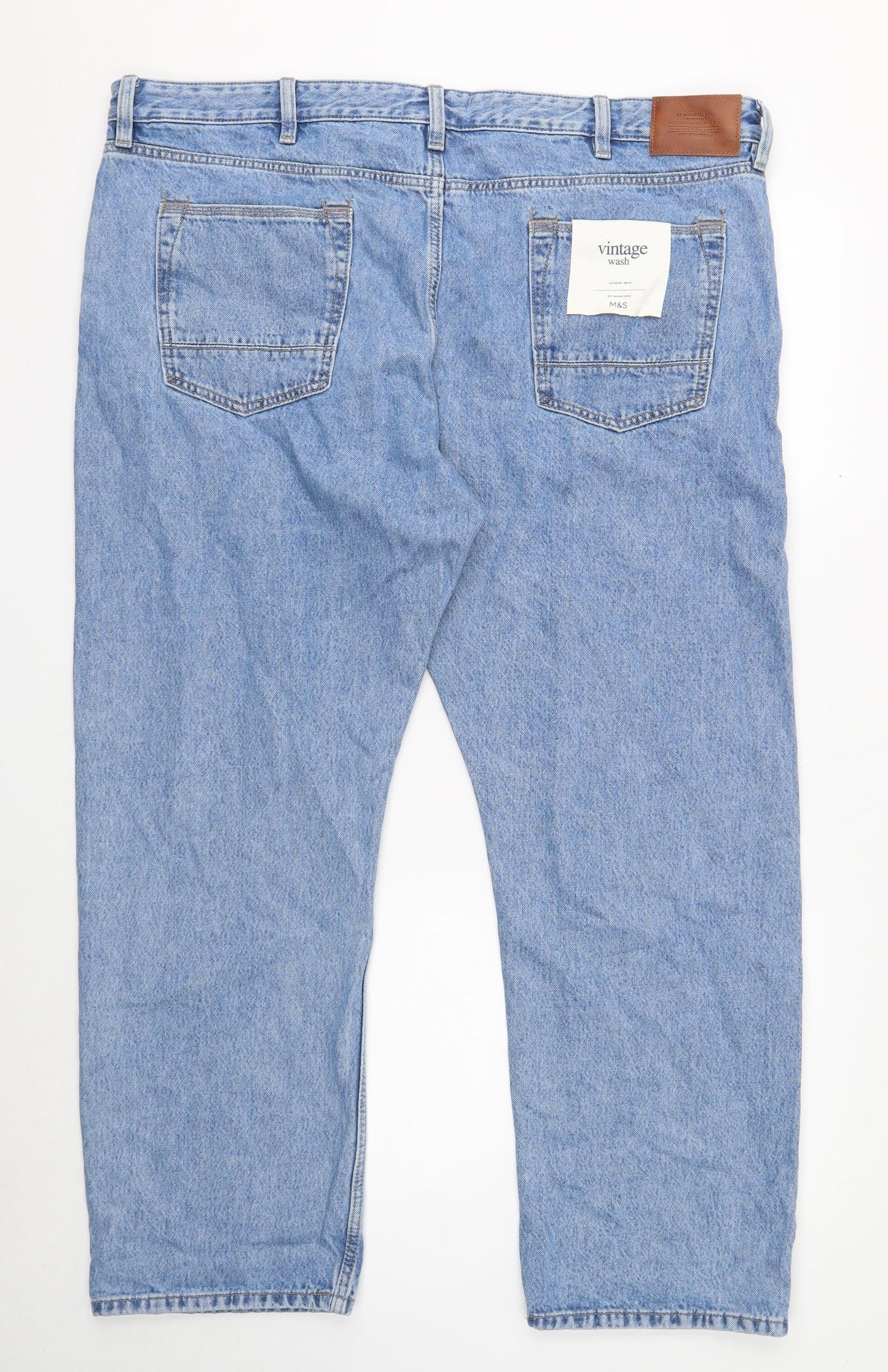 Marks and Spencer Mens Blue Cotton Straight Jeans Size 42 in L31 in Regular Button