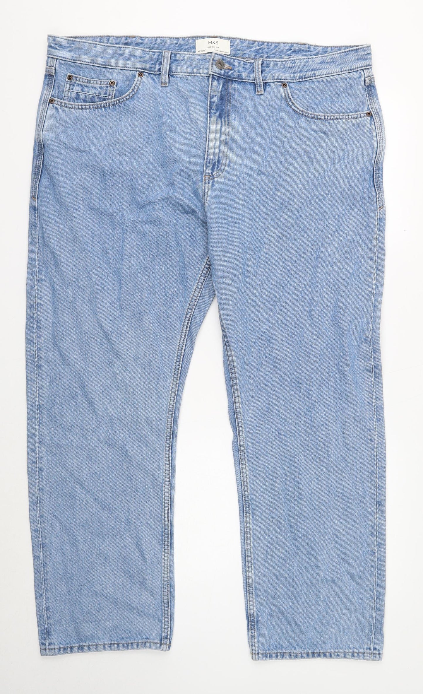 Marks and Spencer Mens Blue Cotton Straight Jeans Size 42 in L31 in Regular Button