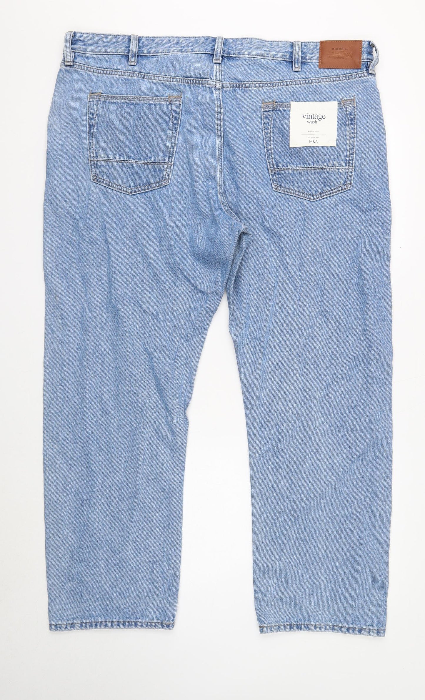 Marks and Spencer Mens Blue Cotton Straight Jeans Size 42 in L31 in Regular Button