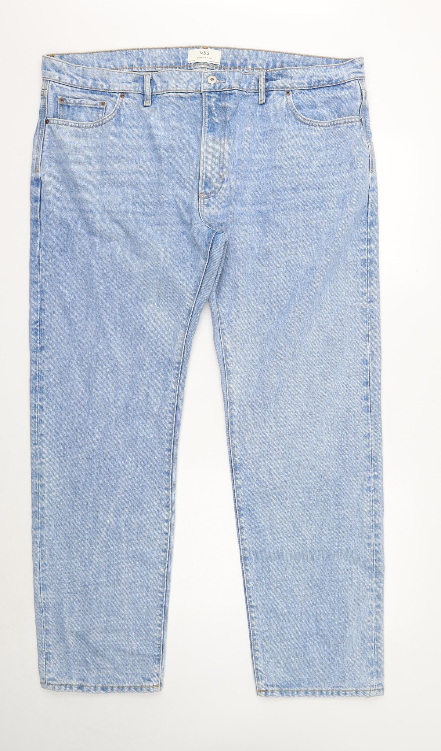Marks and Spencer Mens Blue Cotton Straight Jeans Size 44 in L33 in Regular Button