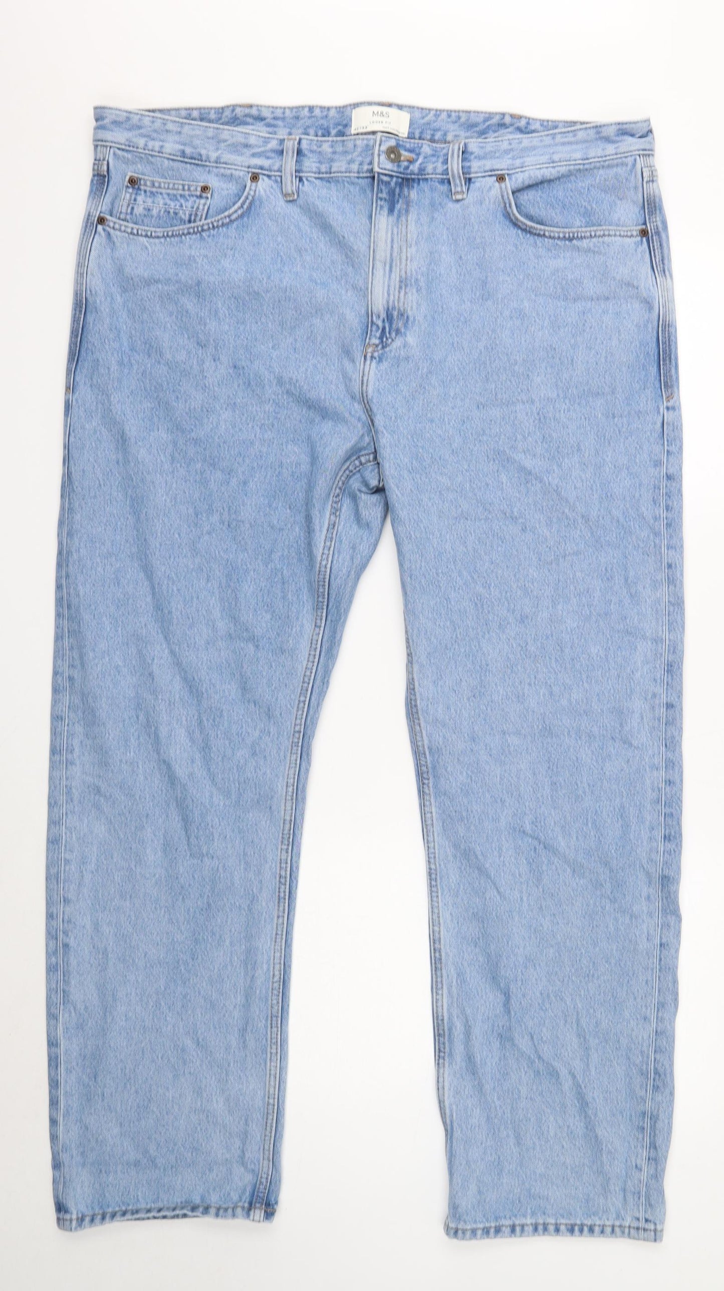Marks and Spencer Mens Blue Cotton Straight Jeans Size 42 in L33 in Regular Button
