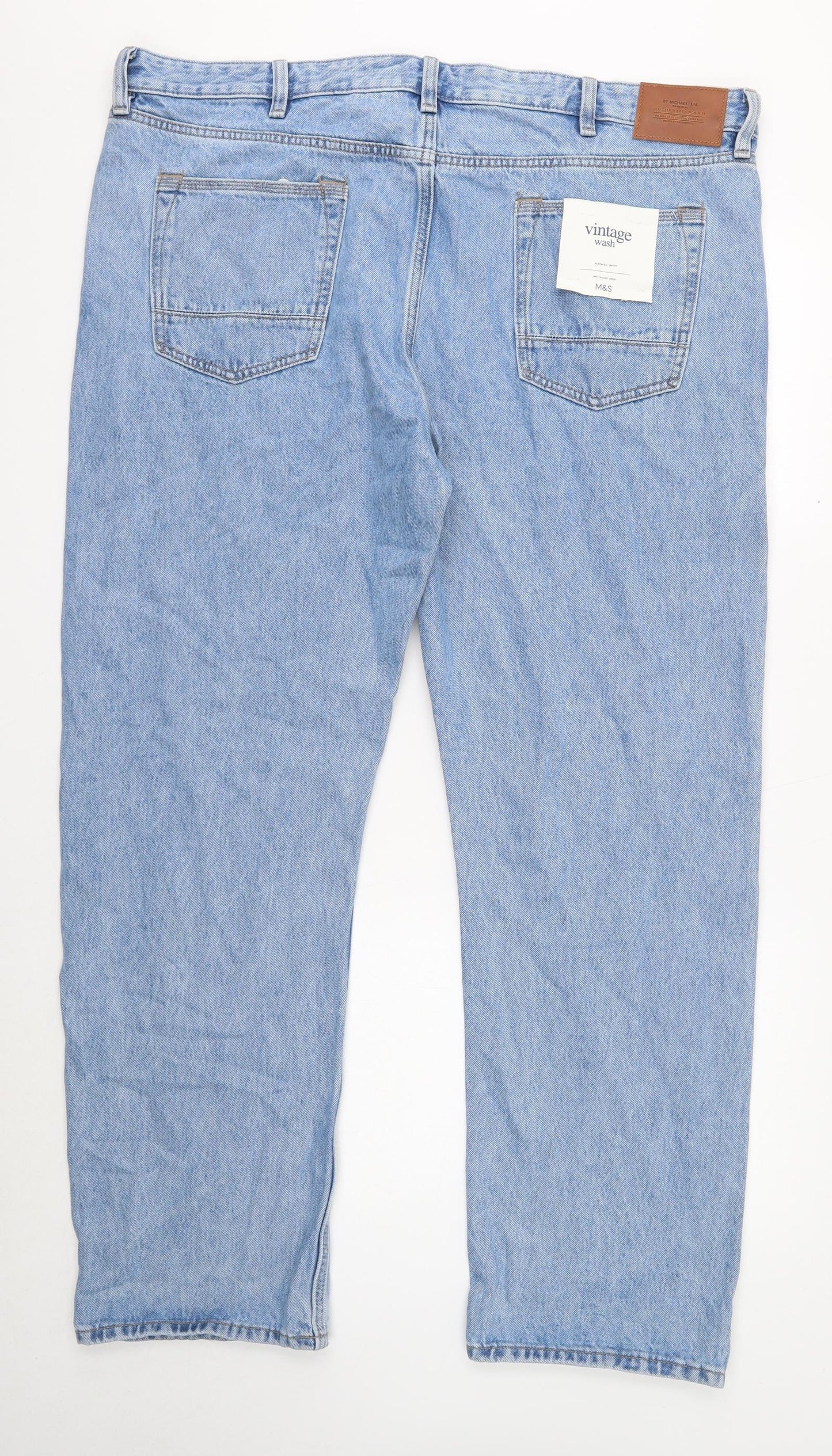 Marks and Spencer Mens Blue Cotton Straight Jeans Size 42 in L33 in Regular Button