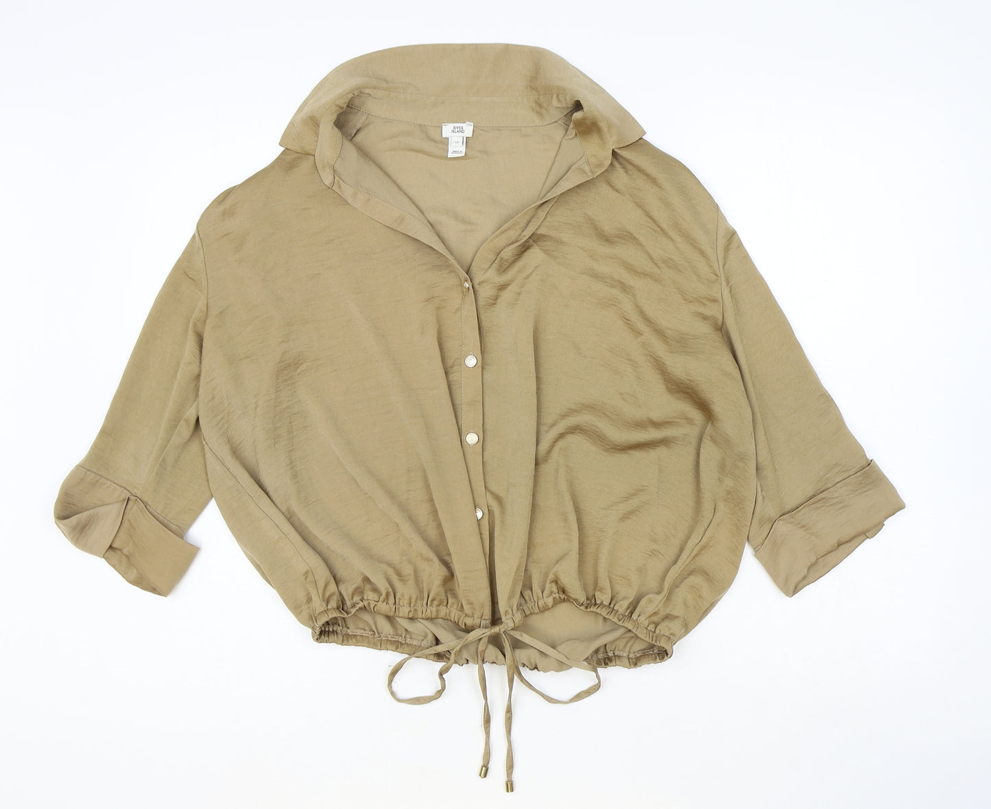 River Island Womens Brown Polyester Cropped Button-Up Size 12 Collared - Tie Waist Detail