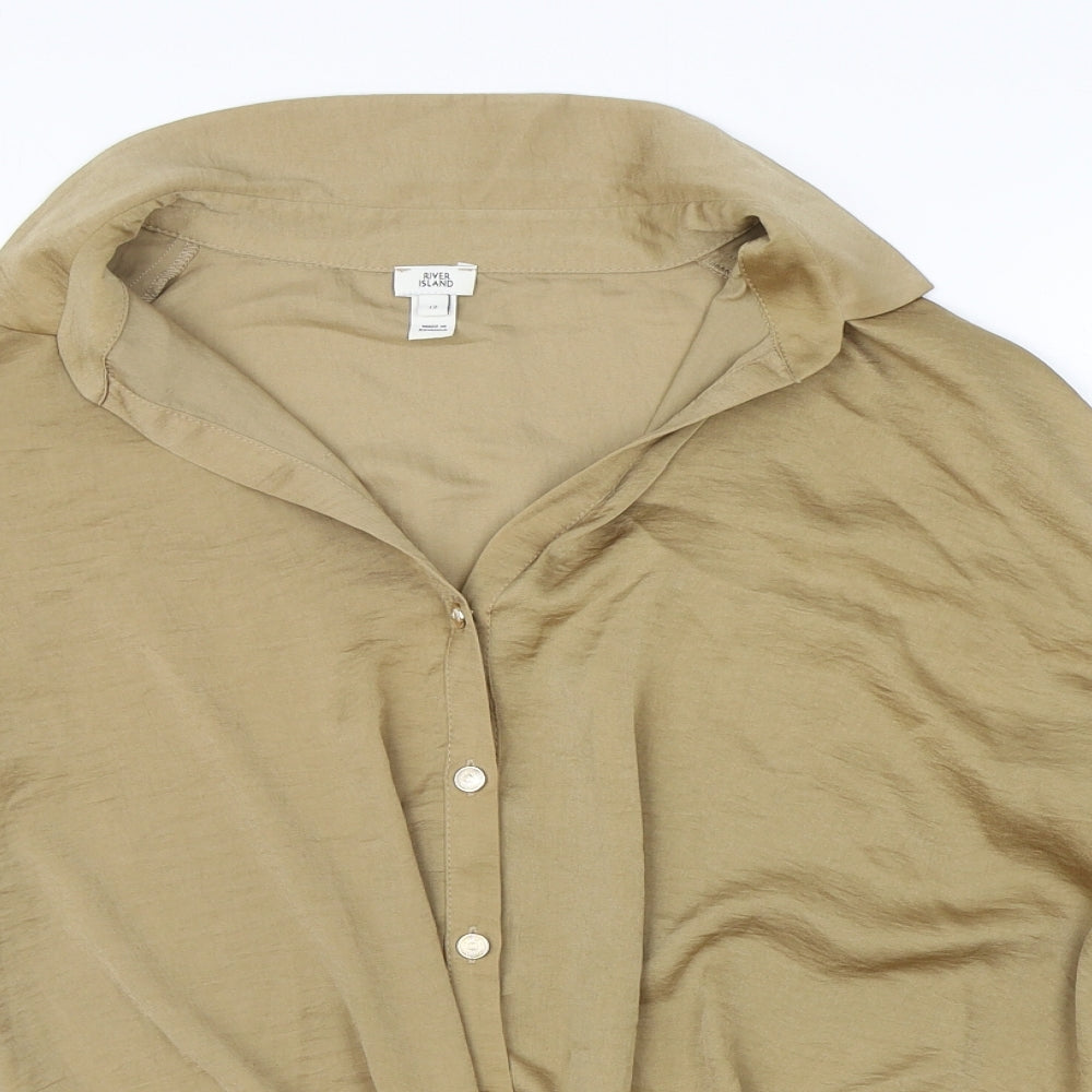 River Island Womens Brown Polyester Cropped Button-Up Size 12 Collared - Tie Waist Detail