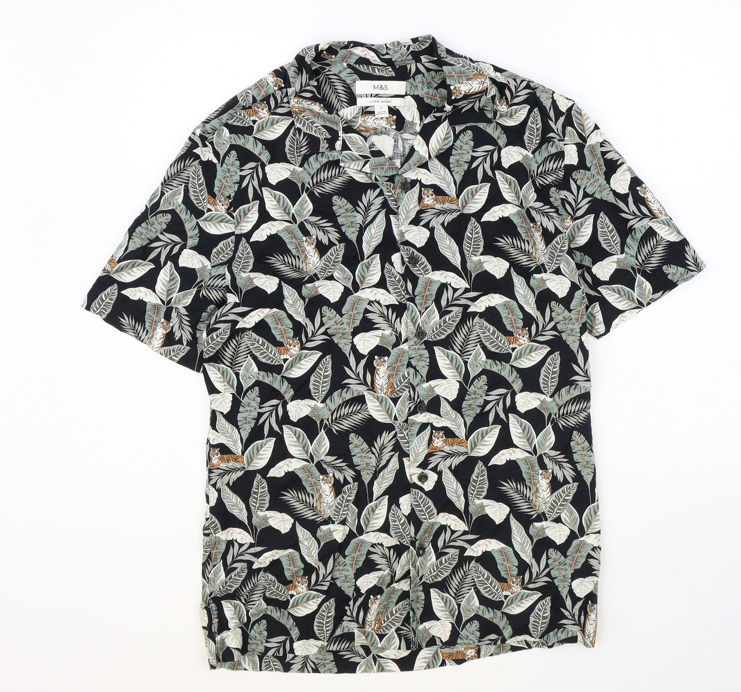 Marks and Spencer Mens Multicoloured Geometric Linen Button-Up Size M Collared Button