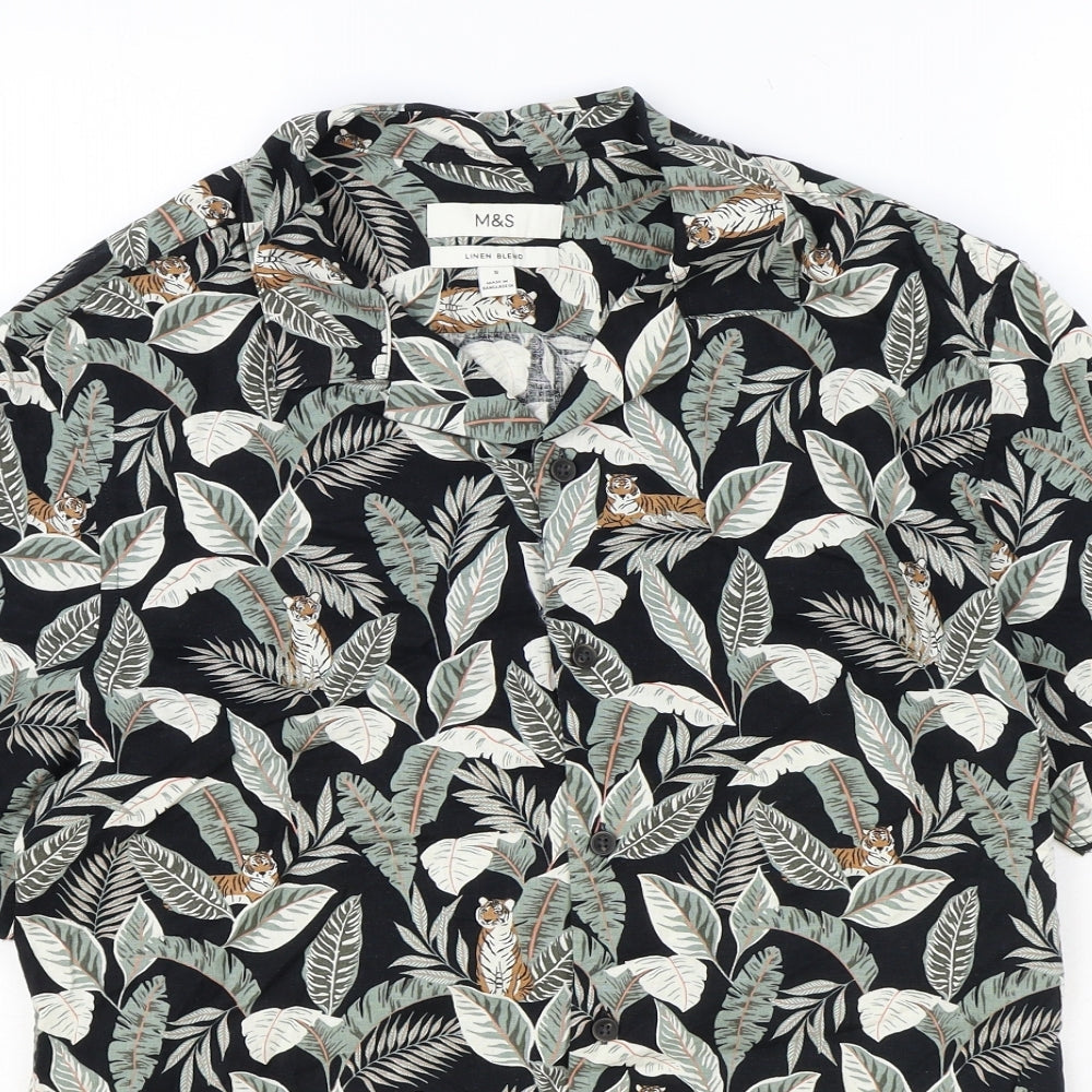 Marks and Spencer Mens Multicoloured Geometric Linen Button-Up Size M Collared Button