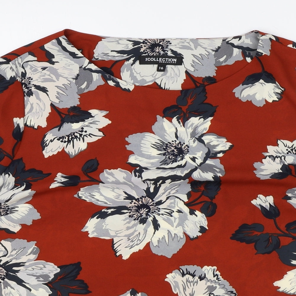 Collection by Debenhams Womens Orange Floral Polyester Basic T-Shirt Size 16 Round Neck