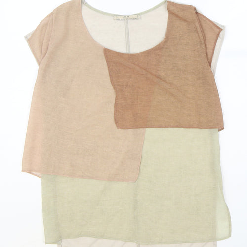Zara Womens Brown Polyester Basic T-Shirt Size S Scoop Neck