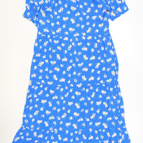 Marks and Spencer Womens Blue Floral Viscose A-Line Size 8 V-Neck Button