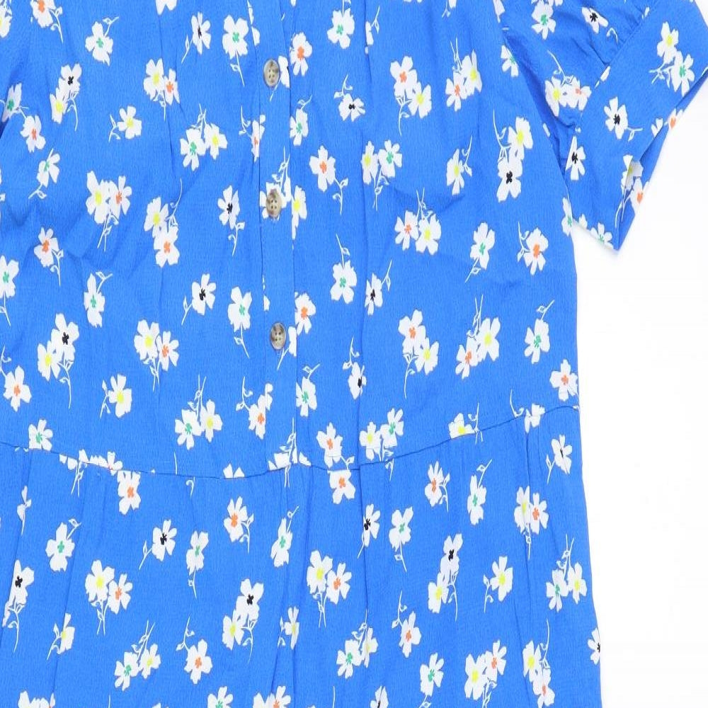 Marks and Spencer Womens Blue Floral Viscose A-Line Size 8 V-Neck Button