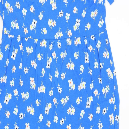 Marks and Spencer Womens Blue Floral Viscose A-Line Size 8 V-Neck Button